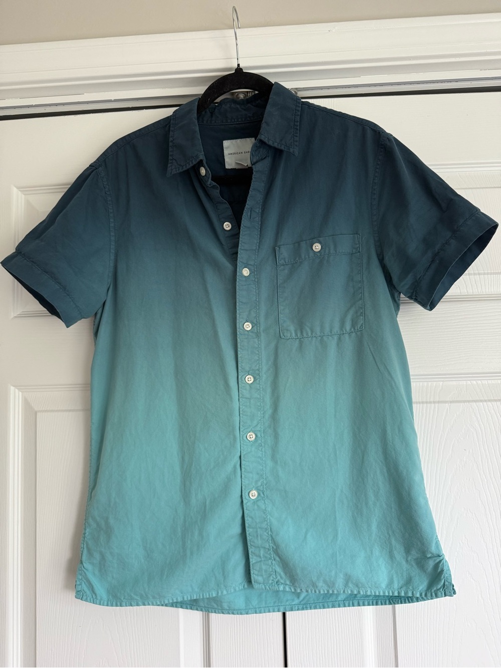 American Eagle Outfitters Teal-to-Navy Ombre Short Sleeve Button-Down Shirt